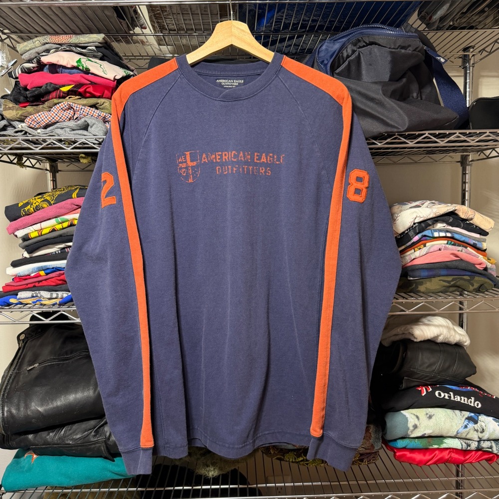 American Eagle Shirt Mens L Blue Orange Graphic Long Sleeve Tee 28 Crew Y2K